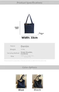 Detail view of denim tote bag showing material texture, outer pocket and exact dimensions