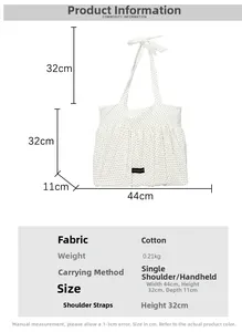 Detailed dimension guide for the large polka dot canvas tote bag with adjustable strap