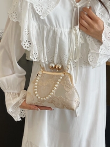 Vintage New Chinese Style Floral Embroidery Kiss Lock Evening Bag For Women Elegant Satin Handbag Artificial Pearl Chain Crossbody Bag