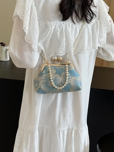 Blue floral embroidery handbag with gold metal frame and pearl chain crossbody strap