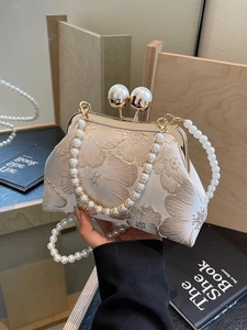 Elegant beige Chinese style embroidery handbag with pearl handle and floral textures