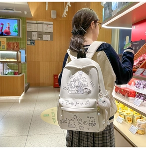 Close-up of white canvas backpack featuring cute cartoon bear illustrations and plush charm