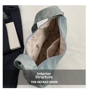 Internal view of blue denim texture bag with zipper pocket and multi-compartment lining