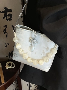 Sac seau de style chinois en tissu jacquard blanc avec chaîne à perles élégante