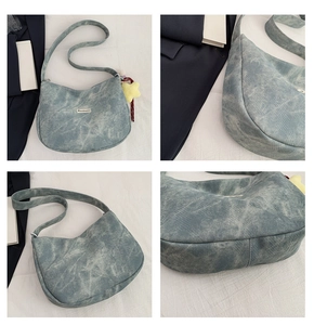 Detail views of blue denim crescent bag with wash texture and star plush charm