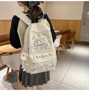 Detail of cute cartoon doodle backpack in beige with fluffy plush pendant for students