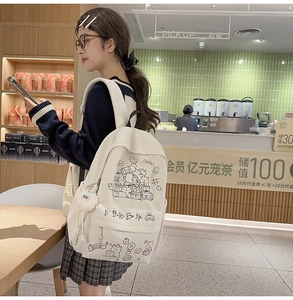 Detail of cute cream canvas backpack with cartoon animals and white plush charm