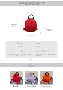 Mini schelptas met maatspecificaties en kleuren in rood, paars en oranje