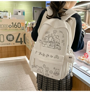 Detailed view of white cartoon bear backpack with plush pendant and decorative prints