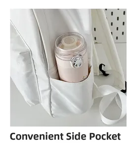 Close-up of a white backpack showing a side pocket holding a pink water bottle