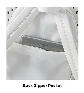 Detail of white leather backpack showing back anti-theft zipper pocket with tablet storage