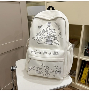 Close-up of cute cartoon animal illustrations on a beige school backpack for girls
