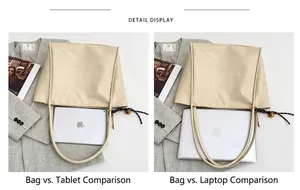 Detalle del bolso tote beige de cuero sintético con gran capacidad para tabletas