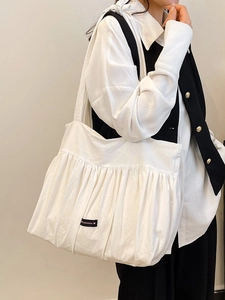 Women Large Capacity Ruched Tote Bag Polka Dot Canvas Shoulder Bag Casual Bow Strap Handbag For Commuting Daily School