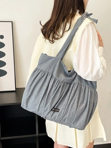 Blue pleated tote bag with Romance text label, large capacity shoulder bag for women