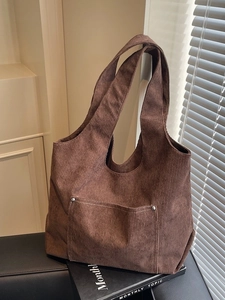 Women's Large Capacity Corduroy Tote Bag Retro Shoulder Bag With Front Pocket Contrast Stitching Casual Commuter Handbag