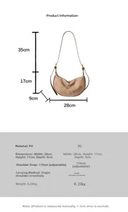 Detailed size chart and specifications for the brown PU leather crescent crossbody bag