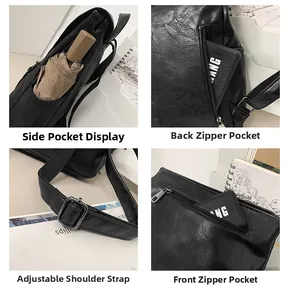 Detailansicht des schwarzen Lederrucksacks mit Seitentaschen und Diebstahlschutz-Reißverschluss