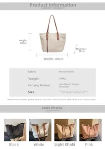 Detailed size chart of large woven canvas tote bag with dimensions and multi-color view