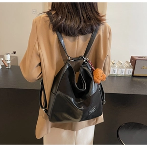 Retro patchwork college style tote backpack with a cute teddy bear plush charm