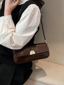 Retro PU Leather Baguette Bag For Women Large Capacity Underarm Shoulder Bag Minimalist Solid Color Purse Gold Hardware