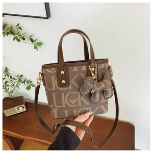 Nahaufnahme der braunen Beuteltasche mit LUCKY Logo-Druck und süßem Hundeanhänger im Detail