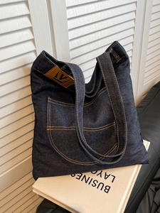 Women Large Capacity Denim Tote Bag With Contrast Stitching Vintage Casual Shoulder Bag Retro Daily Shopping Handbag