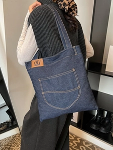 Large capacity dark blue denim tote bag with external pocket for daily commuting