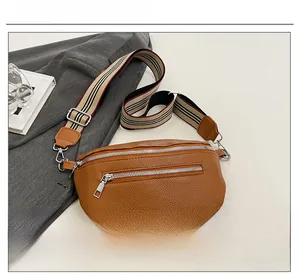 Detailed close-up of brown pebbled leather saddle bag with striped strap and silver hardware
