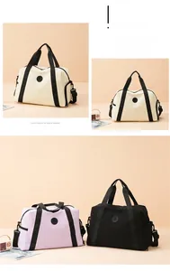 Three travel bags in beige, purple, and black with durable handles and adjustable straps