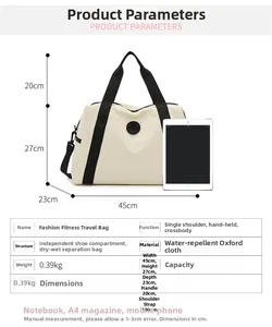 Detailed size chart for large Oxford cloth travel bag showing 45x27x23cm dimensions