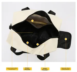 Detailed interior of travel bag with large main compartment and separate shoe storage