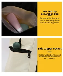 Macro detail of waterproof dry-wet separation pocket and side zip compartment of travel bag
