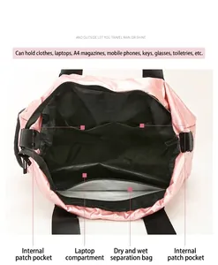 Pink travel bag interior showing laptop sleeve and dry-wet separation pocket
