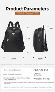 Detailed product dimensions and internal structure of the black PU leather backpack