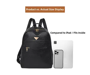 Size comparison of black pebbled leather backpack showing capacity for iPad and phone