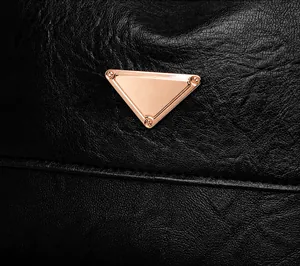Macro view of black pebbled leather texture with a triangular gold metal logo emblem