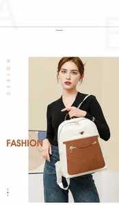 Close-up of contrast faux leather backpack with metallic zippers and front pocket