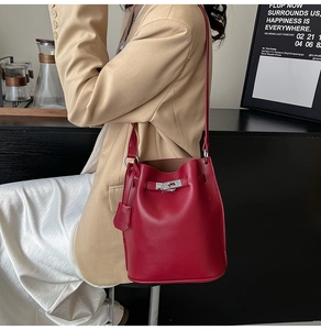 Detailed shot of dark red litchi leather bucket bag with silver metal clasp and strap