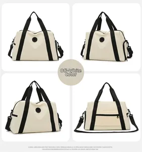 Detailed views of a large cream travel bag with black straps and detachable shoulder strap