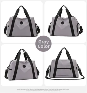 Grey travel bag with luggage sleeve and adjustable strap shown in multi-angle views