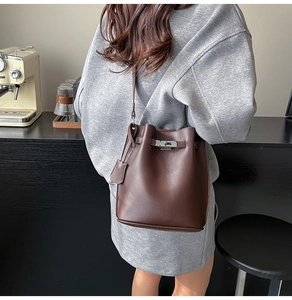 Close-up of a dark coffee bucket bag with lychee grain leather and silver buckle detail