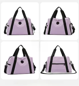 Detailed views of a purple Oxford travel bag showing the texture, strap, and side hooks