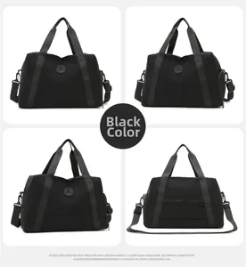 Detailed views of black travel duffel bag with handles and adjustable shoulder strap
