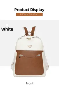 Detailed front view of white and brown contrast PU leather backpack with metal hardware
