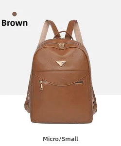 Close-up of brown pebbled leather backpack with gold zippers and triangular hardware