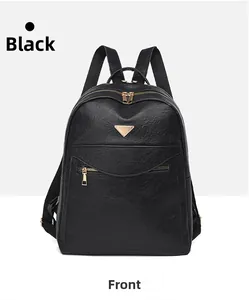 Close-up of black PU leather backpack showing texture and golden metal triangle detail