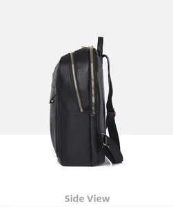 Side view of black leather backpack featuring gold zippers and multiple storage compartments