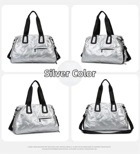 Detailed views of a silver quilted sports bag with black handles and metal texture finish