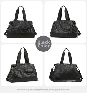 Black quilted fitness bag with waterproof fabric and multi-angle views for travel